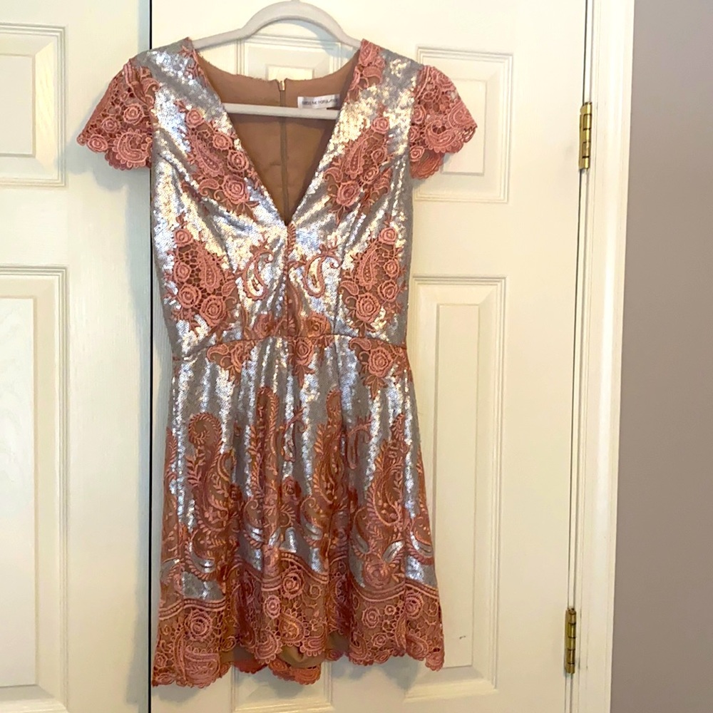 Dress the Population Sabrina Sequin and Lace Romper, Size Medium